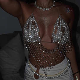 欧美跨境百搭珍珠vest身体衣链性感胸罩文胸链背心bead bra top