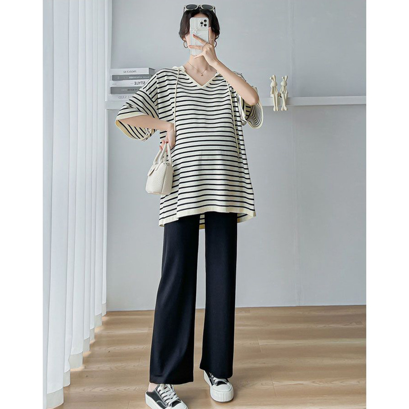 Maternity Wear Korean Style Large Size Three-Quarter Sleeve Stripesd T-Shirt Summer Belly-Covering Hooded Top for Commuting Outside Maternity Wear Korean Style Large Size Three-Quarter Sleeve Stripesd T-Shirt Summer Belly-Covering Hooded Top for Commuting Outside