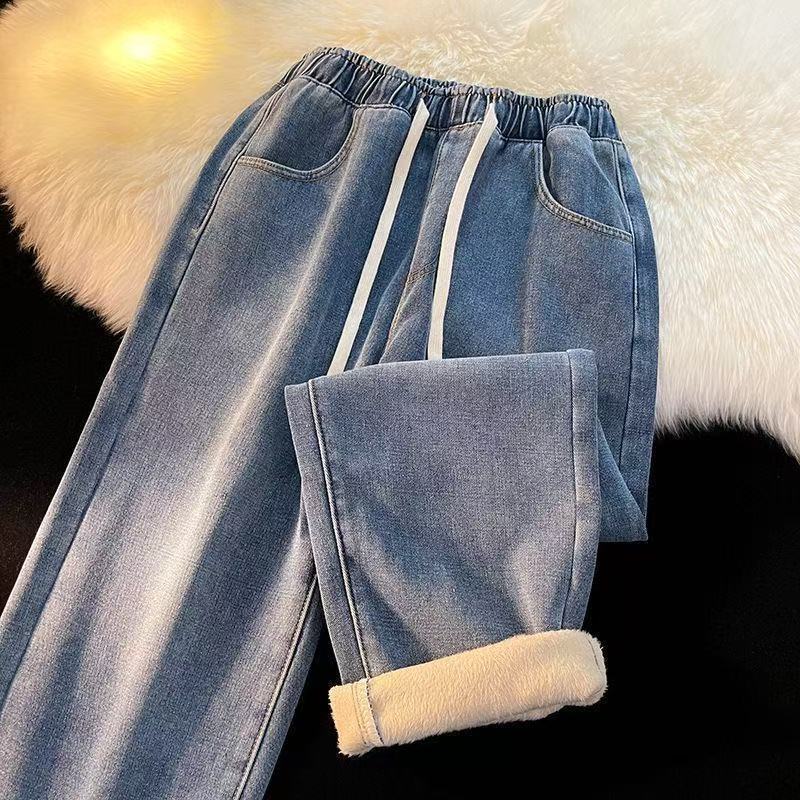 Fleece-Lined Thick Straight-Leg Jeans for Men, Winter 2025 New Style, Light Mature Casual Wide-Leg, Cotton-Lined, Elastic Waist Pants, Trendy Fleece-Lined Thick Straight-Leg Jeans for Men, Winter 2025 New Style, Light Mature Casual Wide-Leg, Cotton-Lined, Elastic Waist Pants, Trendy