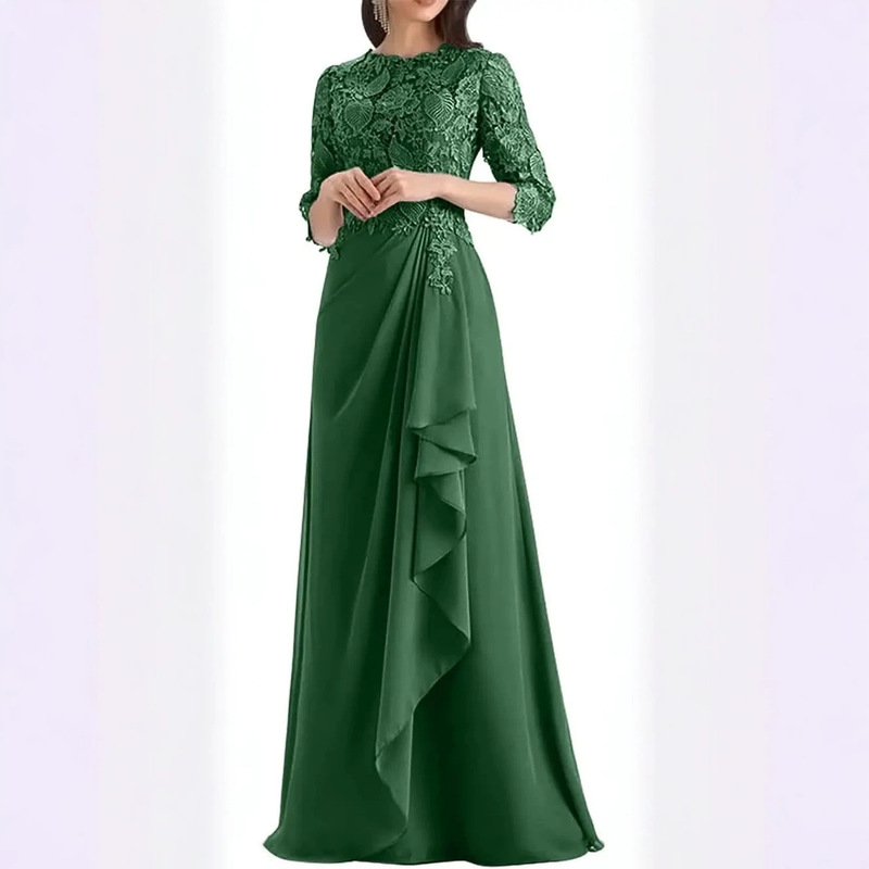 Lace patchwork ruffle long evening dress with three-quarter sleeves for mother of the bride at wedding banquet, choir, or hostess dress wholesale Lace patchwork ruffle long evening dress with three-quarter sleeves for mother of the bride at wedding banquet, choir, or hostess dress wholesale