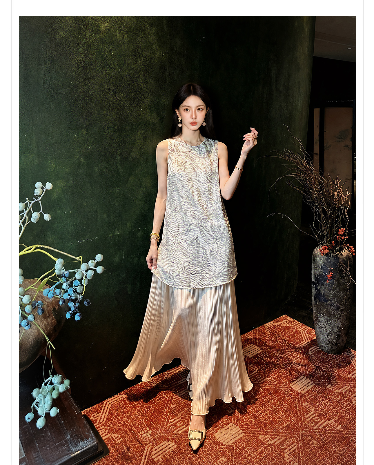 Đầm maxi nữ thắt eo phong cách Tân Trung Hoa họa tiết thêu nổi — Trà cà phê chi tiết 17