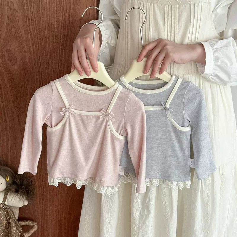 女童T恤秋季2025新款洋气女宝宝花边吊带打底衫儿童假两件上衣a类
