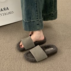 复古百搭厚底毛毛鞋女外穿秋冬新款仙女风休闲羊羔毛一字带棉拖鞋