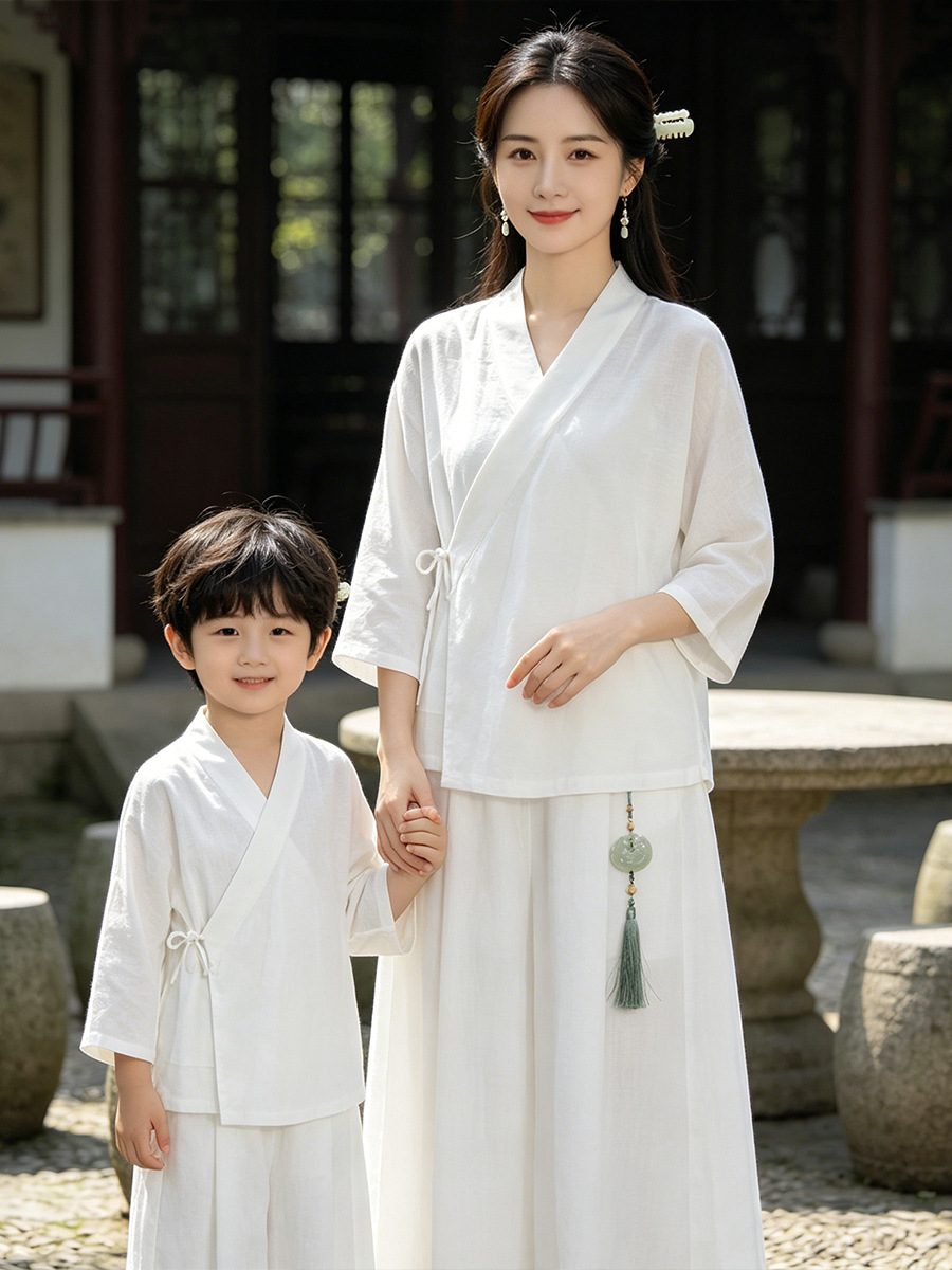 Váy mẹ con Hán phục cải tiến tay lỡ mùa hè chất liệu lanh pha sợi Lyocell phong cách Tân Trung Quốc — Màu hồng - Váy