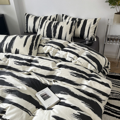 Nordic simple cotton four-piece set 2024 spring striped quilt cover Nantong 40-count cotton bed sheet quilt cover three-piece set