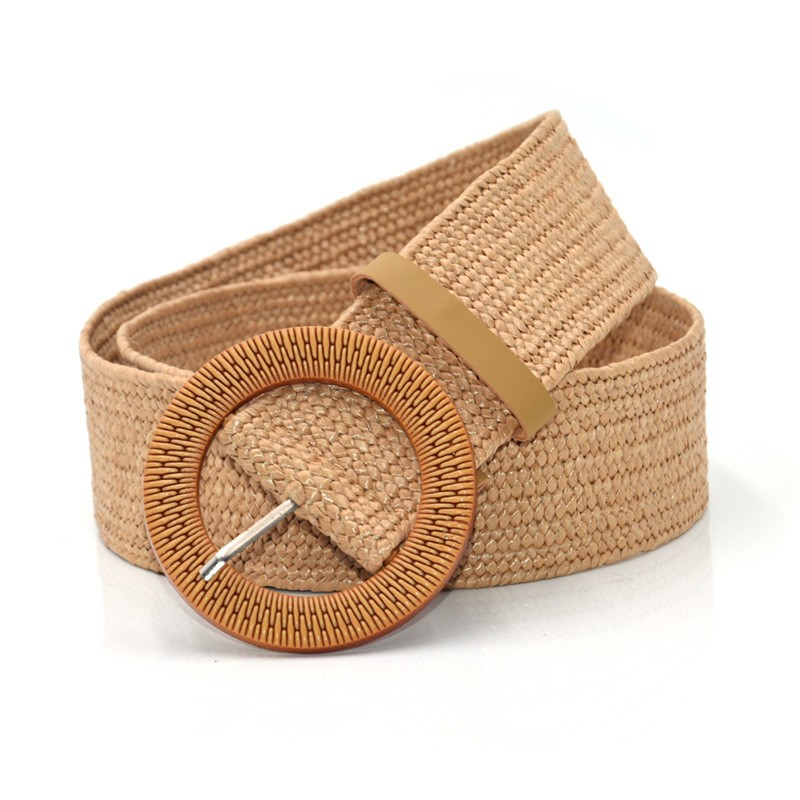 Cinturón Ancho de Tejido de Lino para Mujer, con Hebilla de Madera, Estilo Bohemio