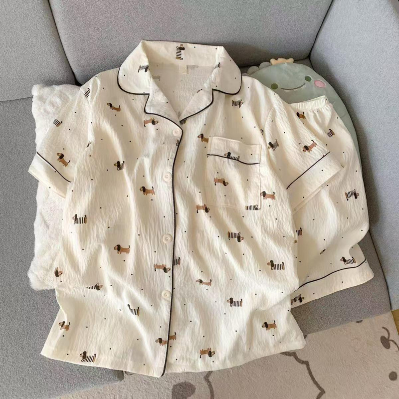 Wholesale Summer New Cloud Cotton Cardigan Lapel Sweet Girl Pajamas Short-Sleeved Shorts Women's Home Wear Set