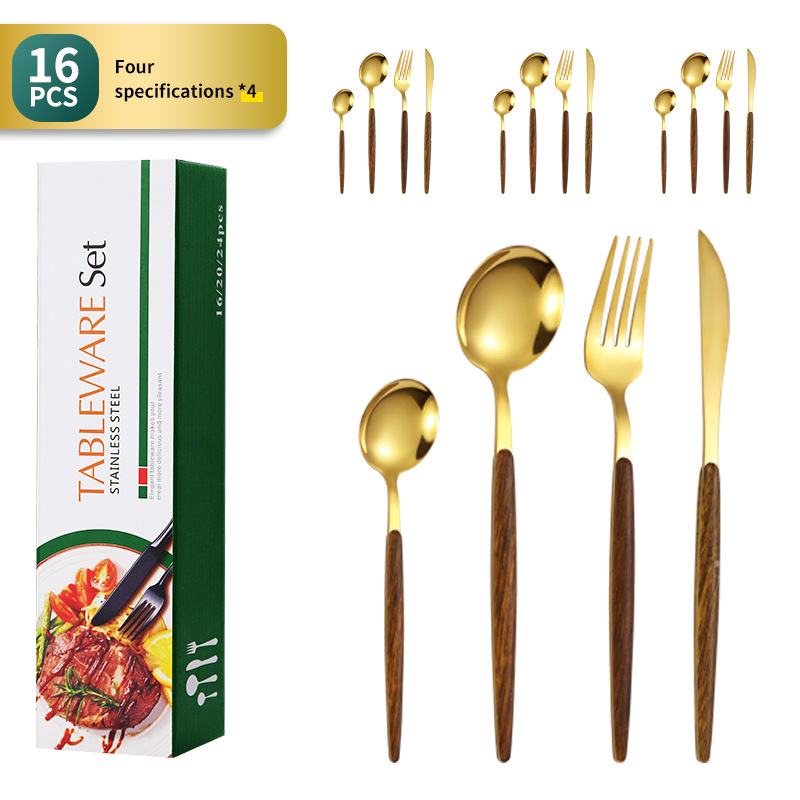 Cuchillo, tenedor y cuchara de mango de madera de acero inoxidable transfronterizo Amazon vajilla de grano de madera coreana Portugal vajilla Coreana de 16 piezas