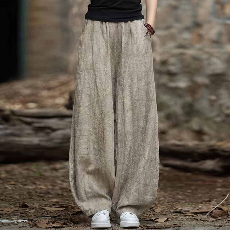Official Figure Vintage Tie-Dye Distressed Cotton and Linen Casual Pants Women's Summer Loose Slimming High Waist Linen Bloomers