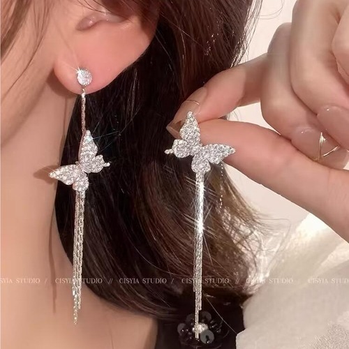 Korean butterfly earrings, silver needles, high-end niche imitation pearls, simple diamond-filled versatile earrings, long tassel earrings
