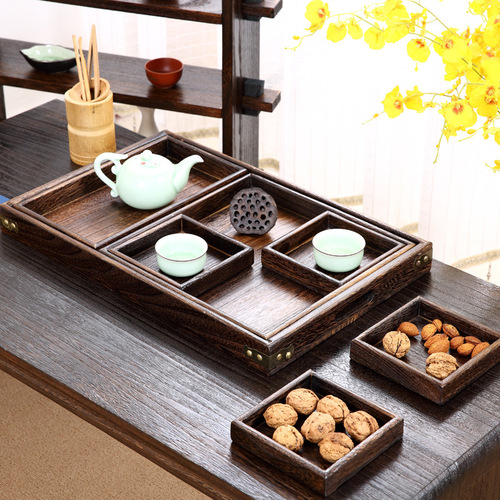Nordic light luxury wooden tea tray for cooking tea around the stove solid wood retro burnt paulownia tea set tray seven-piece tray