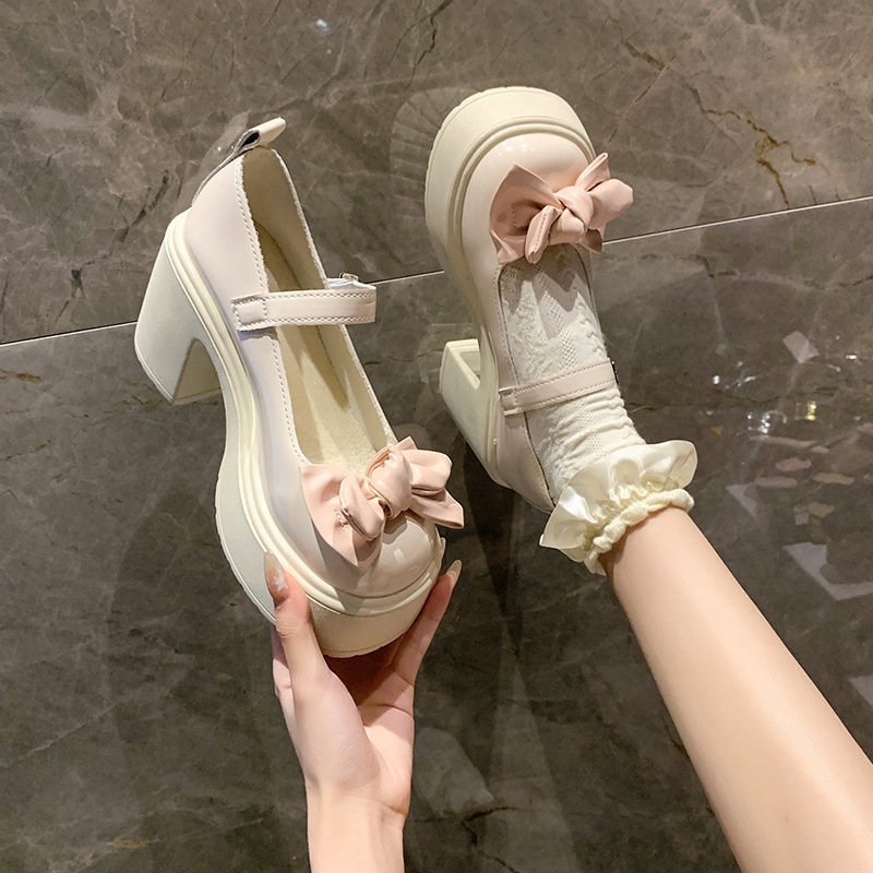 High-Heeled Shoes, Sweet and Cool Small Leather Shoes, Japanese Style Women's Jk2025 Spring and Autumn Thick-Soled 8cm Bowknot Single Shoes