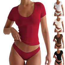 跨境欧美女装2025夏季亚马逊TK独立站Y2K V领短袖瑜伽锻炼上衣T恤