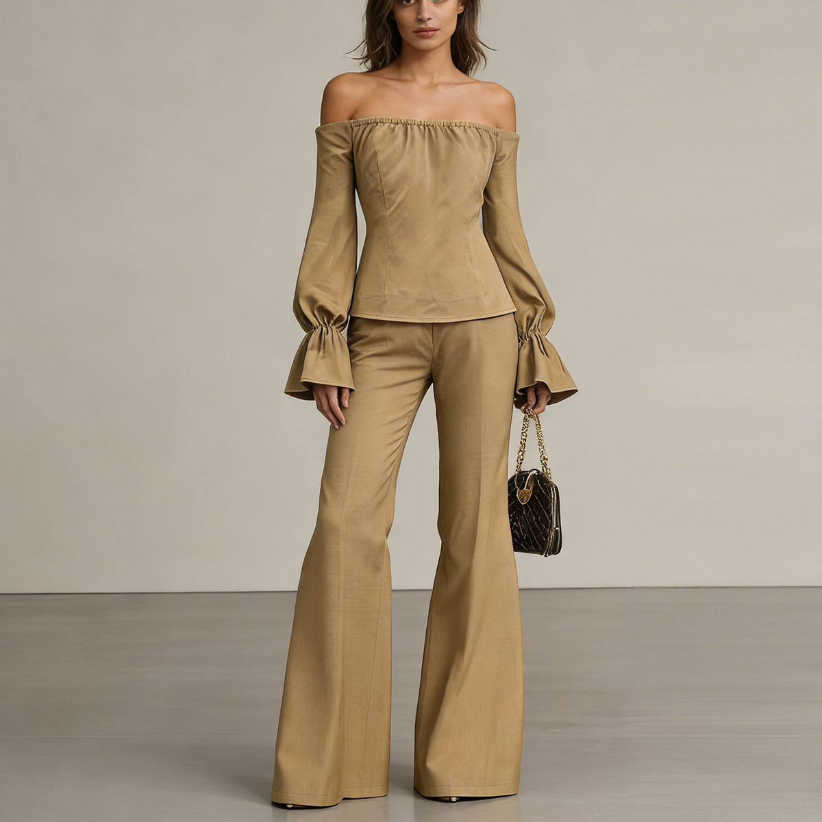 Elegant Off-Shoulder Puff Sleeve Women's Top with Wide Leg Pants Two-Piece Set European And American Style Fashionable Clothing for Women_ecoleips.com