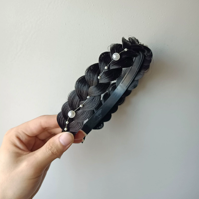 handmade wig headband with pigtail, scalloped hair accessory, matte silk, Ø≈15 cm