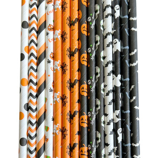 Paper Straw Color Degradable Disposable Paper Straw Halloween Black Orange Skull Creative Party