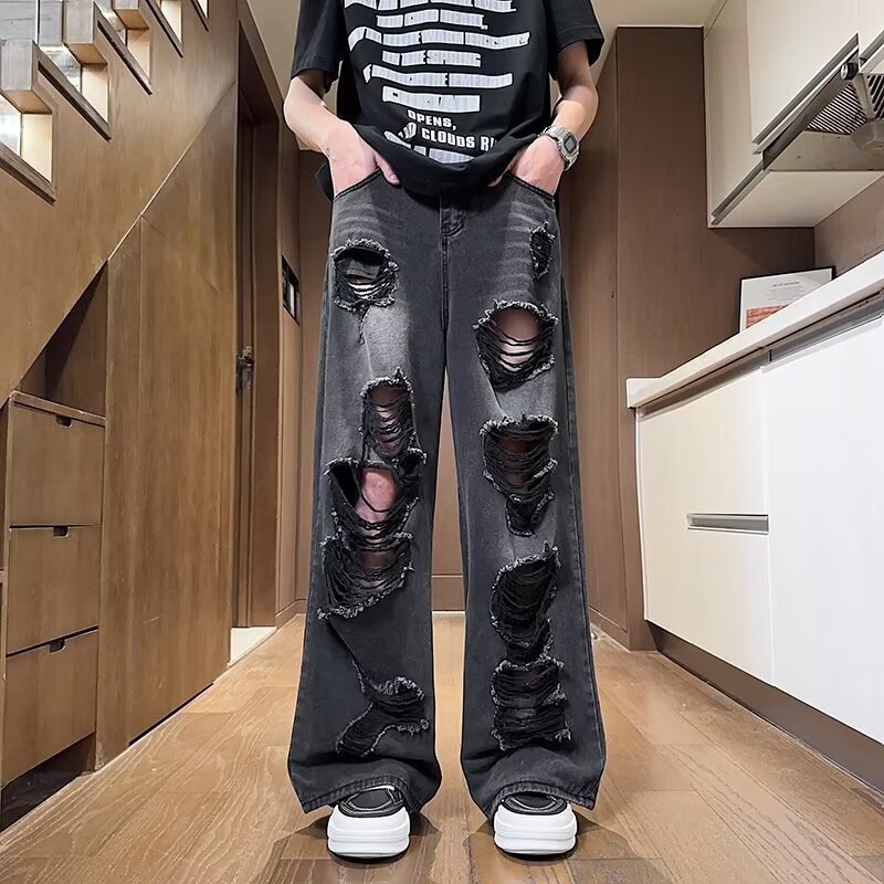 Ripped Beggar Jeans Men's Old Fashion Brand Loose Old Wide Leg Pants American Style High Street Straight Pants