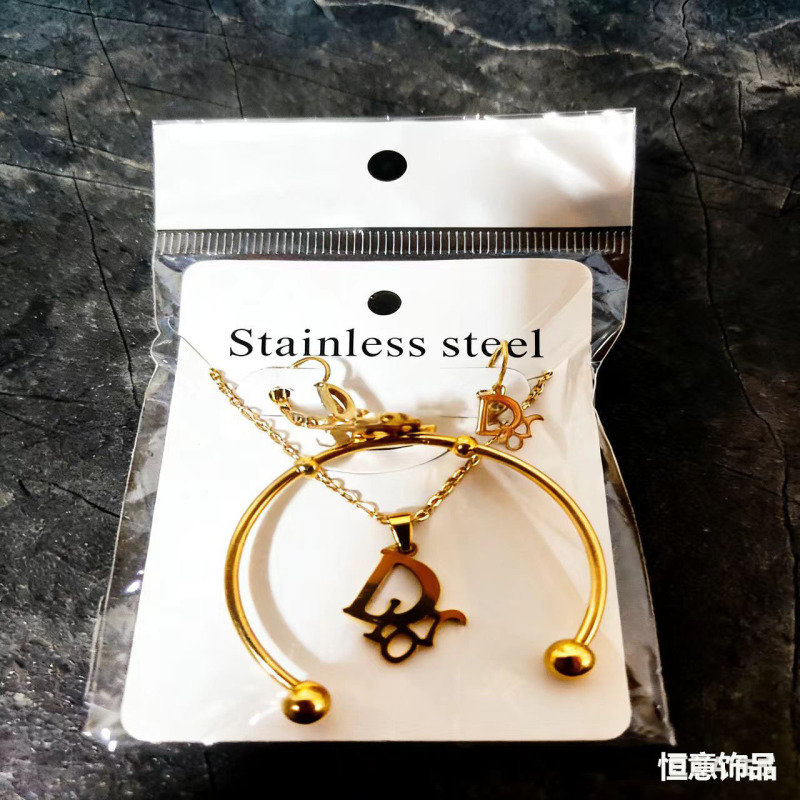 Children's Gold Stainless Steel Simple Fashion Personality Versatile Light Luxury Niche Letter Earrings Necklace Bracelet Set