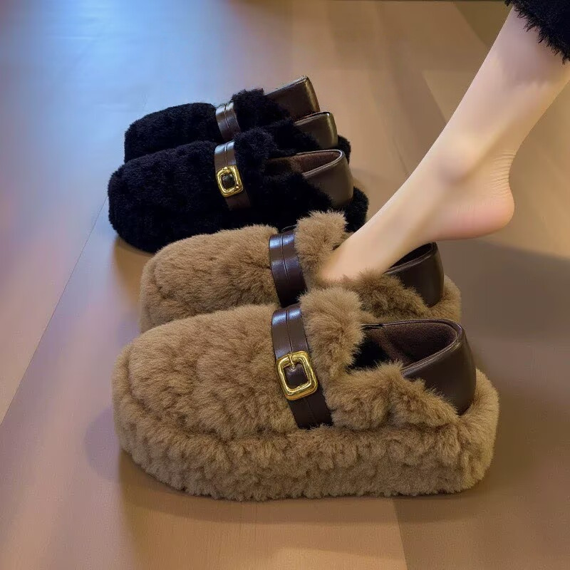 Furry Shoes for Outdoor Wear, 2026 Spring Thick-Soled Buckle Maternity Shoes, Warm Slip-On Lambswool Cotton Shoes, Lazy Shoes