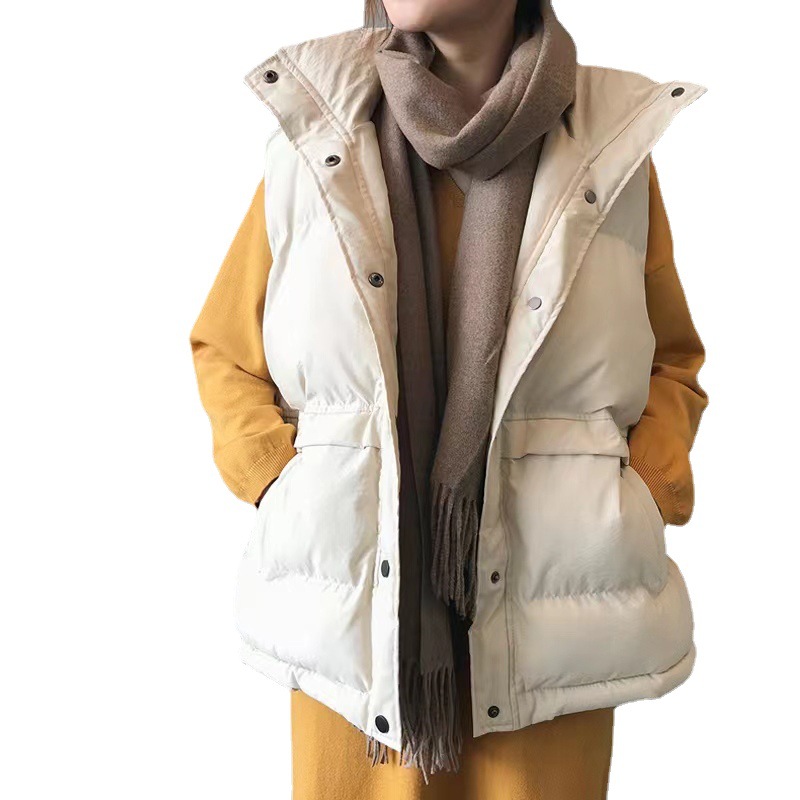 Chaleco de plumón para estudiantes, estilo coreano, corte holgado, chaqueta corta acolchada de otoño-invierno 2025 con cuello vuelto.
