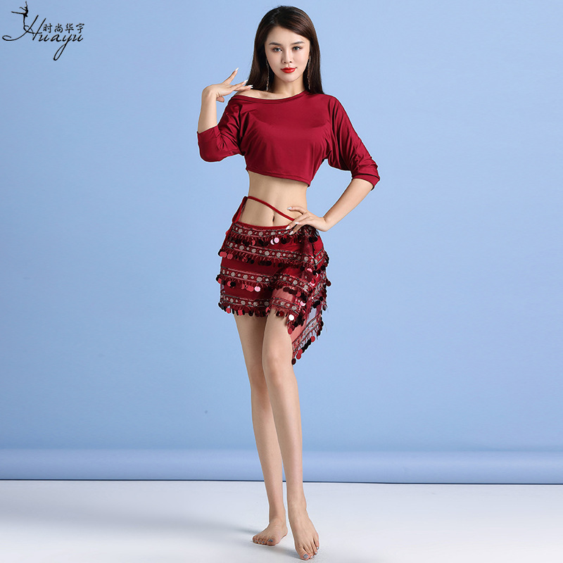 Huayu New Belly Dance Practice Suit Loose Bat Sleeve Tassel Sequin Hip Towel Oriental Dance Practice Suit for Women