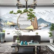 新中式山水大气壁画壁布迎客松茶室壁纸养生馆背景墙装饰吧台墙纸