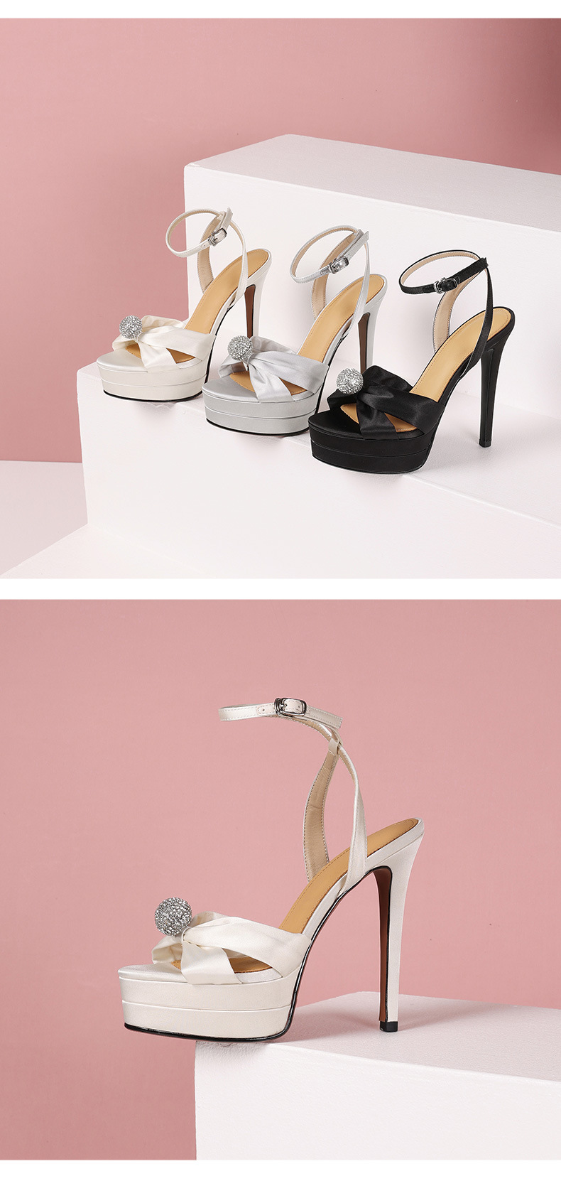 Sandal cao gót nữ satin quai ngang gót nhọn đính đá 13 cm — Màu đen chi tiết 17