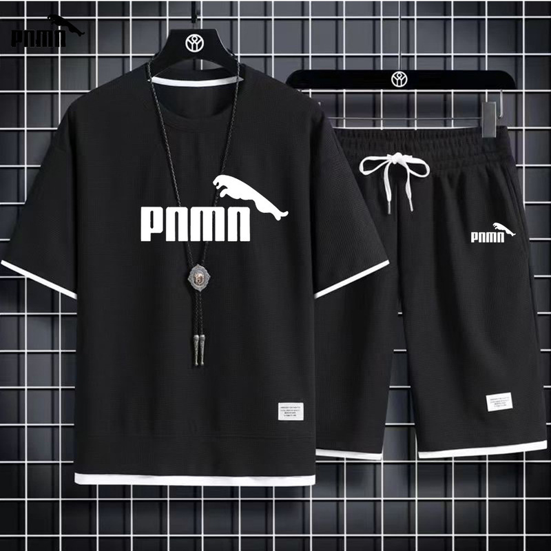 New Waffle-Style Summer Men's Casual Sports Suit, Loose and Stylish Men's Clothing, Short-Sleeve T-Shirt and Shorts for Men