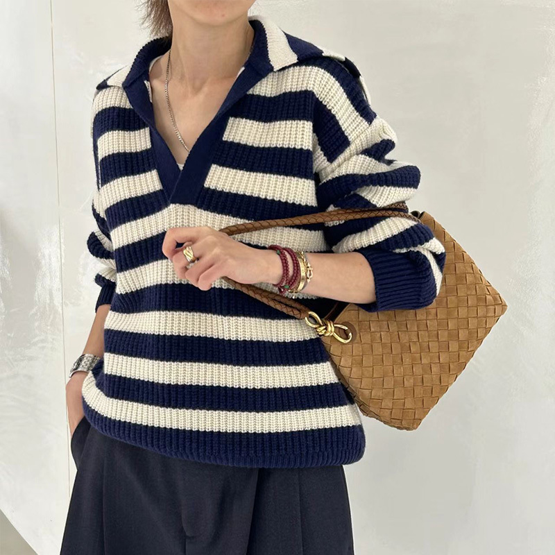 Bv Seagull Collar Navy Blue Striped Loose Sweater 2025 Autumn and Winter Wool Relaxed Knitted Pullover Top