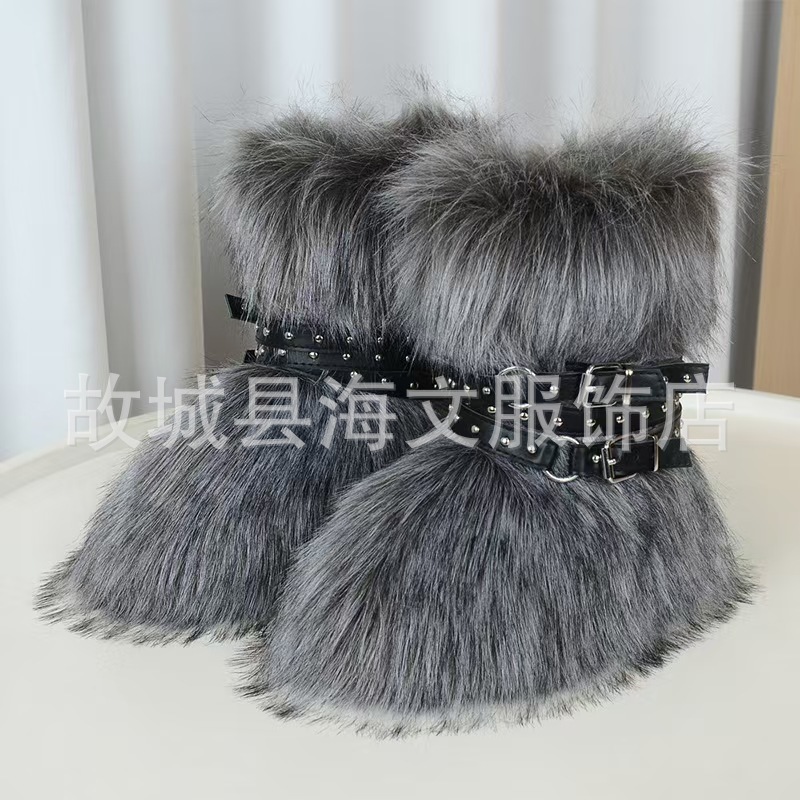 新款炸街辣妹厚底雪地靴Y2K朋克仿毛靴子铆钉靴显瘦暗黑系绑带靴|undefined