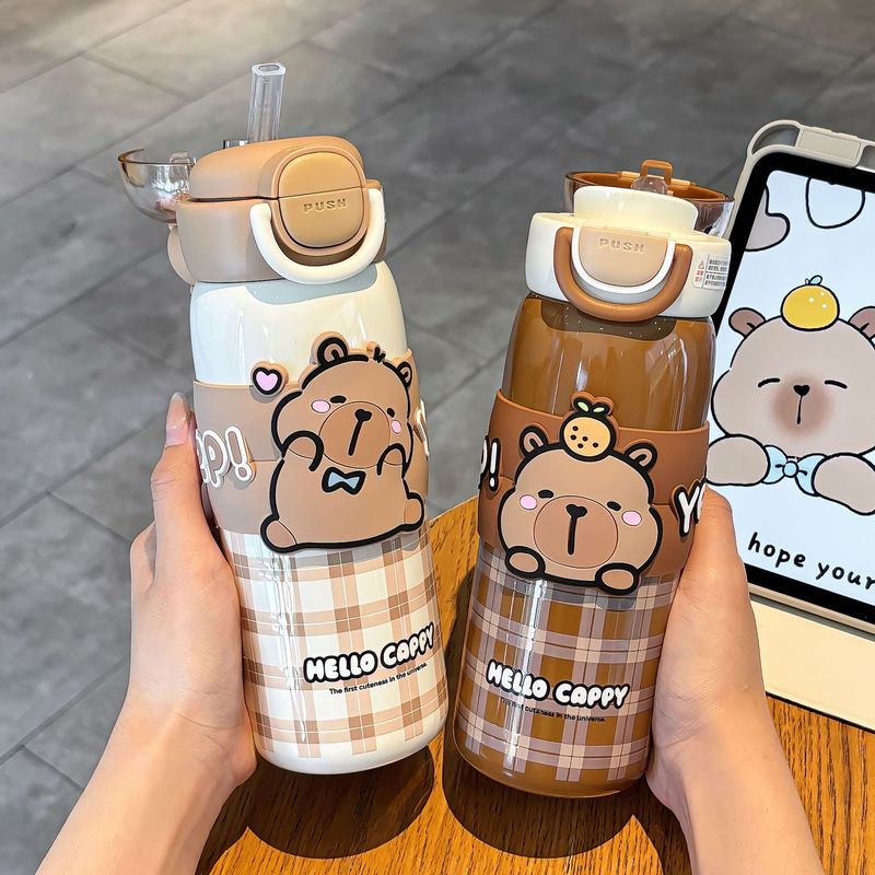 かわいい Kapibara チェック柄学生ポータブル魔法瓶カップロックデザインワンカップダブルドリンクシリコンノズル飲料カップ|undefined