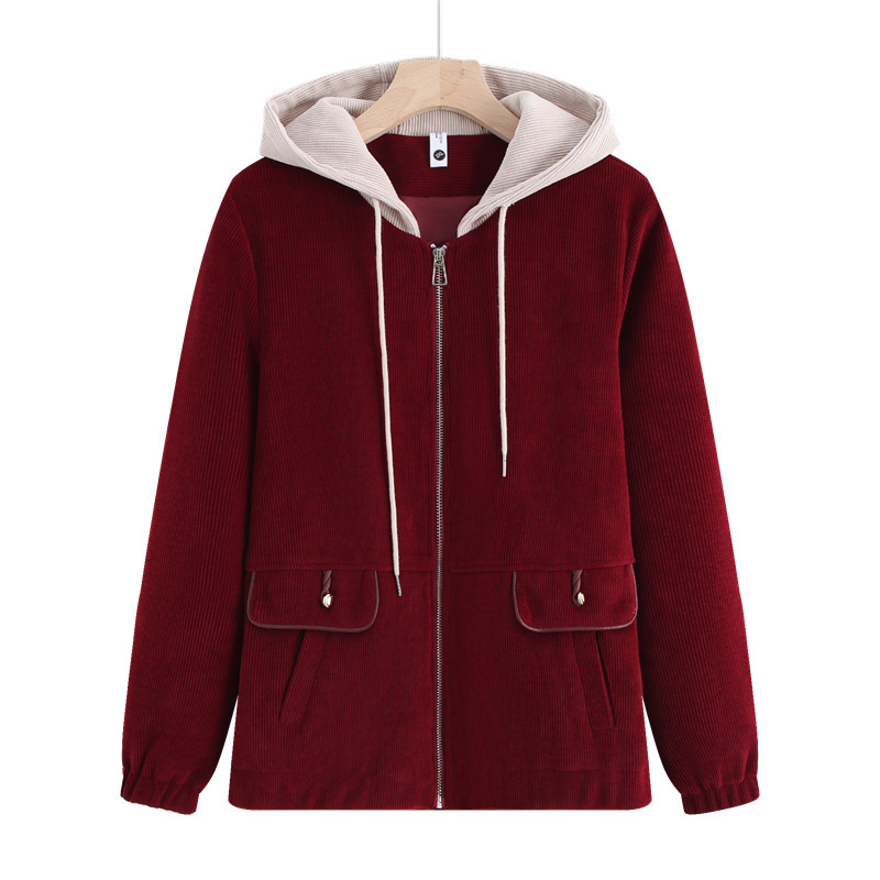 Middle-aged and elderly women's new long-sleeved cardigan hooded spring and autumn jacket knitted corduroy mom fashion simple top