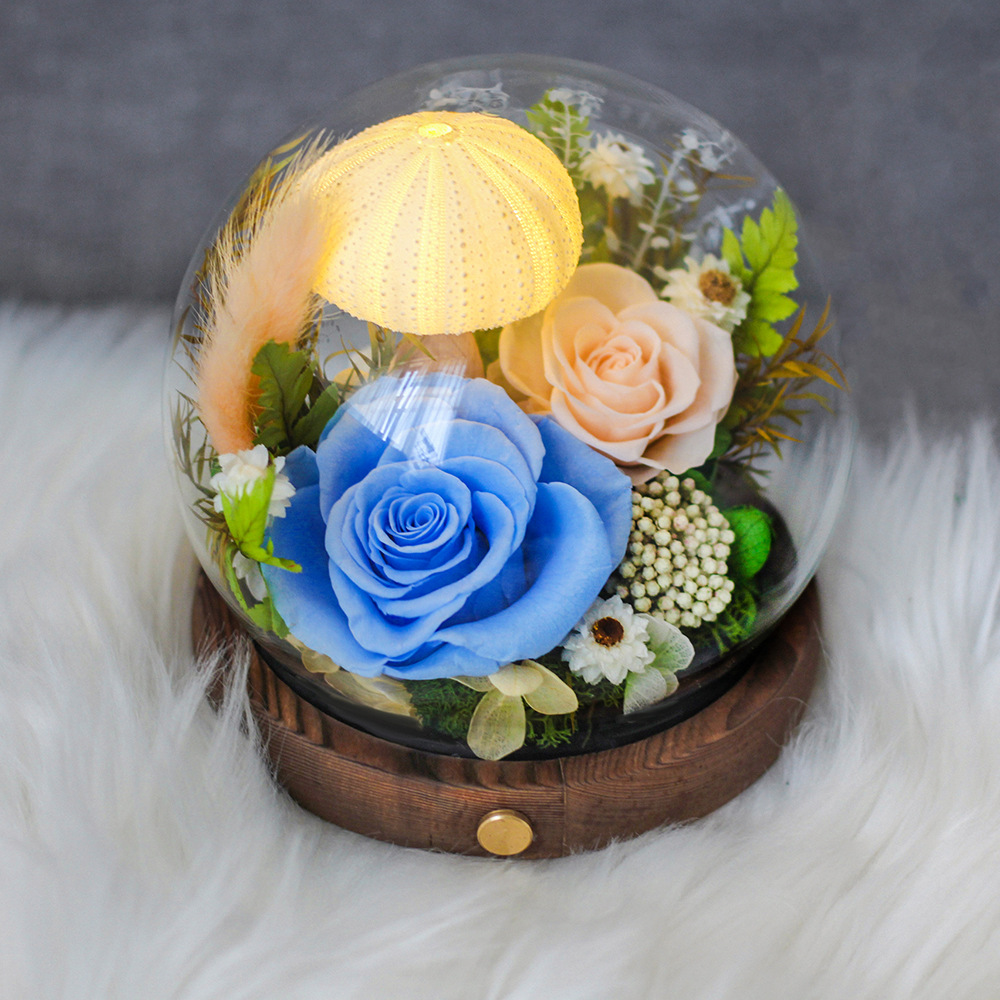 Amazon con flor eterna ligera cubierta de vidrio esférico terminado rosa flor eterna Xinghai Día de la madre Regalo de San Valentín