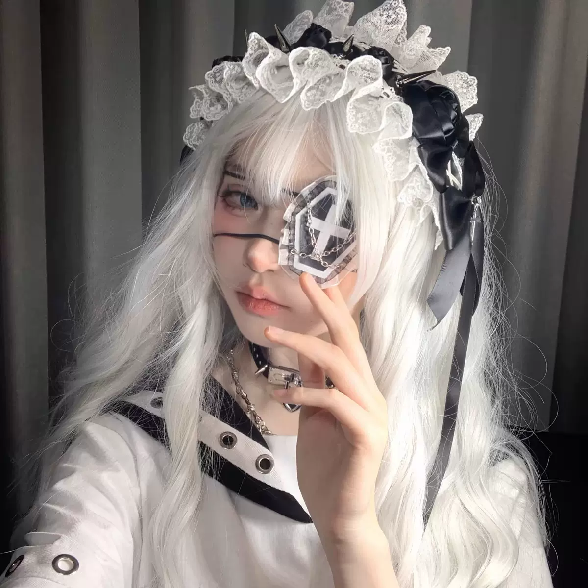 千禧辣妹y2k二次元眼罩地蕾系亚比文化日系动漫十字架蕾丝jk配饰