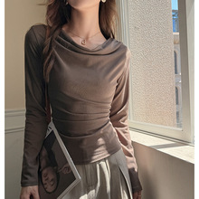 工厂美式荡领莫代尔长袖t恤女早秋季设计感不规则内搭打底衫上衣