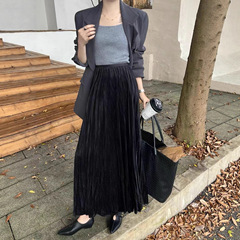 简约高腰显瘦百褶丝绒裙女2025秋冬新款宽松A字中长款半身裙子潮