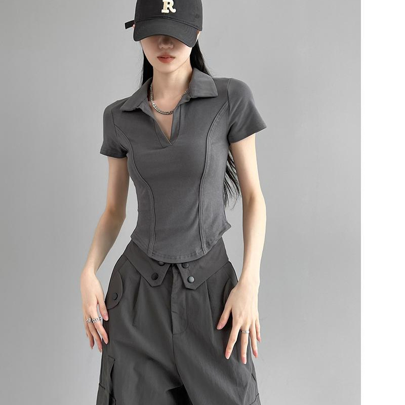 Korean Style Fishbone Polo Collar Slim Short-Sleeved T-Shirt for Small Women 2025 Summer New Chic T-Shirt Top