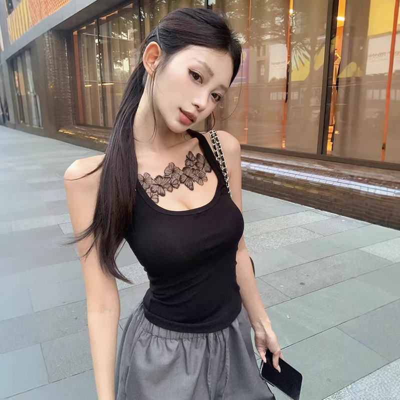 The Ultimate Basic Style! Simple and Chic Lace Patchwork Square-Neck Tank Top for Women, New Summer Style, Trendy Pure-Desire Hot Girl Top