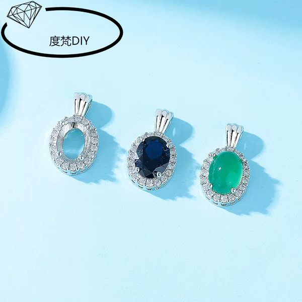 White gold plated full diamond oval copper pendant holder air holder DIY inlaid jadeite huaz diamond simulation 925 silver pendant holder