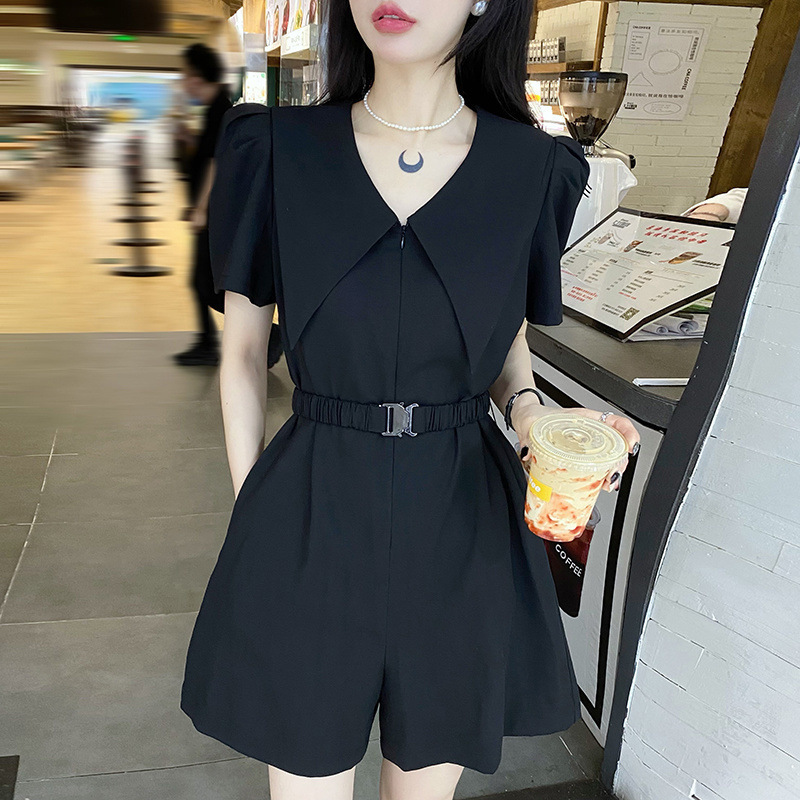 Navy Collar Wide-Leg Short Jumpsuit for Women 2025 Summer Thin European Style Petite Loose High-Waisted Cargo Pants