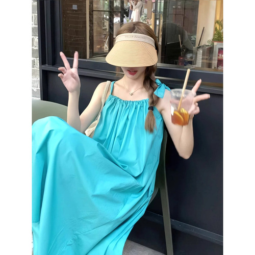 Women's Summer Loose and Slimming A-line Dress with Shoulder Straps, Blue Medium-length Vacation Style Belted Dress, 2025