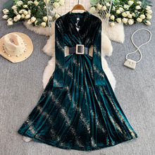 欧美风高端优雅名媛重工烫钻V领长袖收腰显瘦丝绒大摆礼服连衣裙