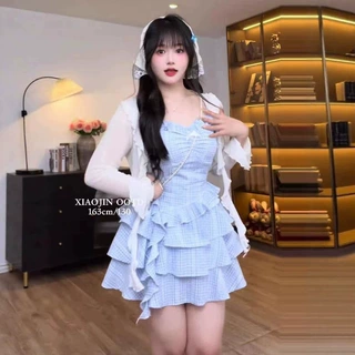 大码韩系纯欲风辣妹套装女夏季胖mm吊带背心开衫蛋糕裙显瘦三件套