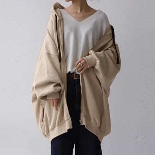 2025 European and American autumn and winter overseas new women's clothing sexy solid color European and American loose sweaters fashionable hooded zipper
