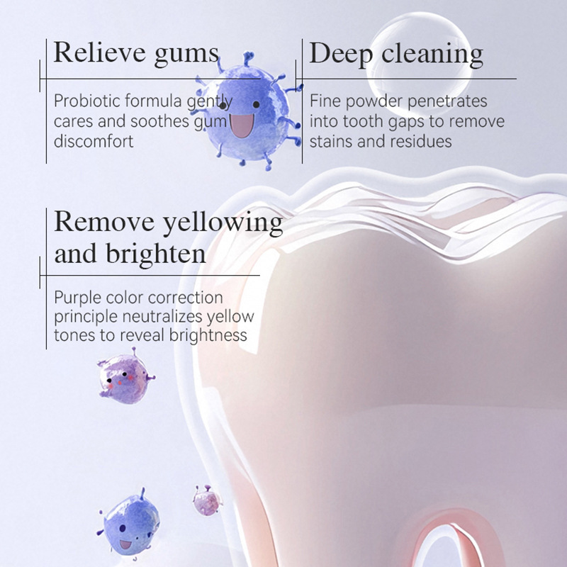 Protección oral transfronteriza probiótica púrpura polvo de dientes polvo de dientes manchas de tartar limpio comercio exterior al por mayor