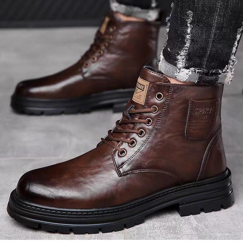 Bốt Martin nam da bò lót lông giữ ấm cổ vừa gót 3-5 cm — Bông nâu lạnh, Bông đen quyến rũ, Nâu lạnh đơn, Đen quyến rũ đơn