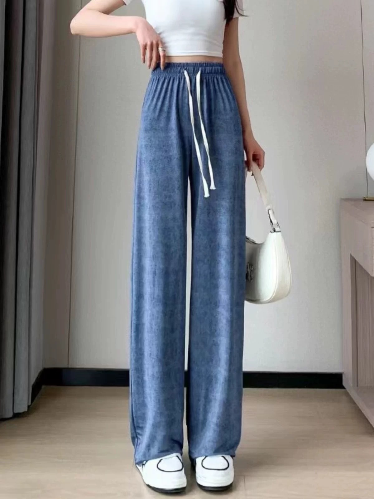 Pantalones anchos de mezclilla de seda de hielo Pantalones casuales delgados con estampado de seda de verano para mujer Pantalones de trapeador de cintura alta sueltos de cintura alta