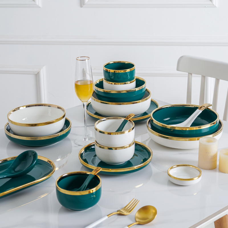 Nórdico borde dorado hogar vajilla de cerámica traje creativo tazón combinación ins viento neto arroz rojo tazón plato fideos