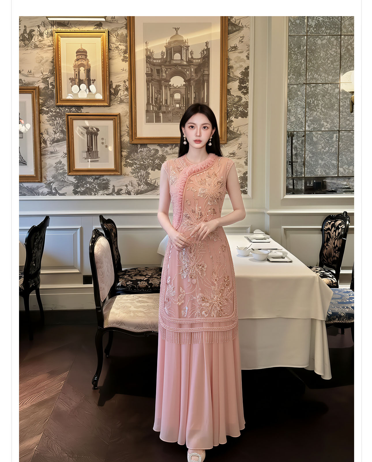 Đầm maxi nữ thắt eo thiết kế hoa nổi thêu ren cao cấp — màu hồng chi tiết 8