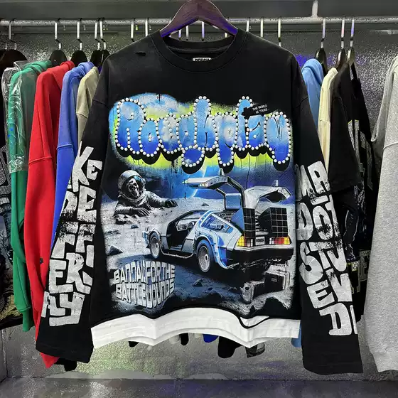 RoughPlay Vintage Hot Silver Print Streetwear Relaxed Fit Distressed Two-Layer Long Sleeve Tee for Men and Women